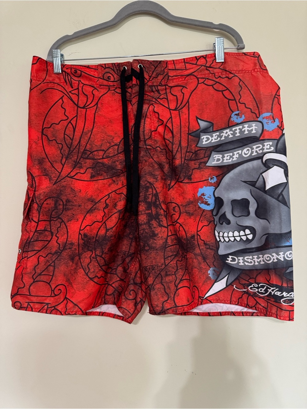 Ed Hardy Red and Black Skull Tattoo Board Shorts